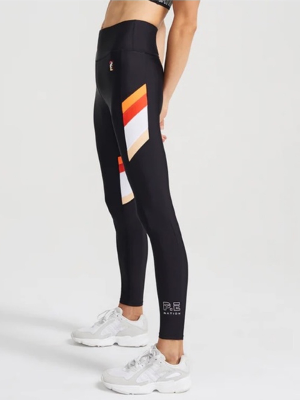 Anthropologie Black Leggings with Orange, Red, White & Tan Stripes